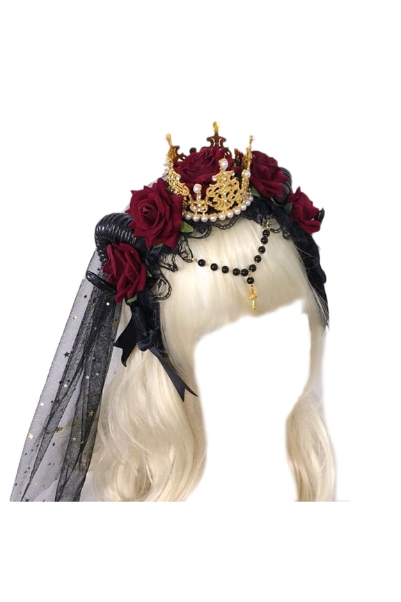 Gothic Sheep Horn Rose Flower Headband Lace & Decor Headpiece Headdress Fancy Headwear Cosplay Hair Accessories