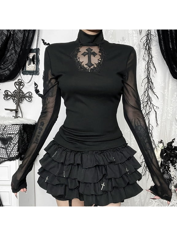 Gothic Sheer Mesh Long Sleeve Top Cross Cutout Slim Fitted Grunge Streetwear Top Y2K