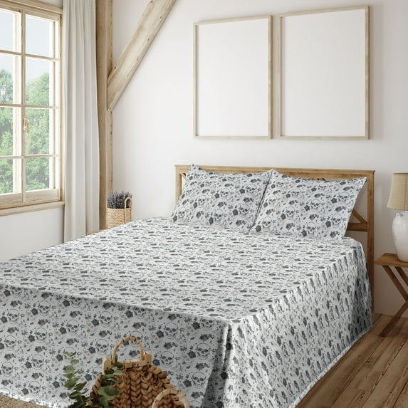 Ambesonne Gothic Fitted & Flat Sheet with Sham 3 Pcs Set, Traditional Skulls Flowers, Twin, Coconut and Dark Grey