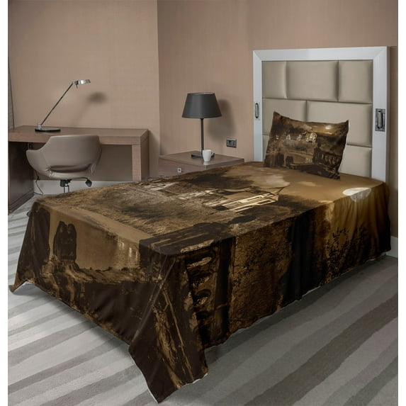 Ambesonne Brown Fitted & Top Sheet Set with Sham, Medieval House, Brown