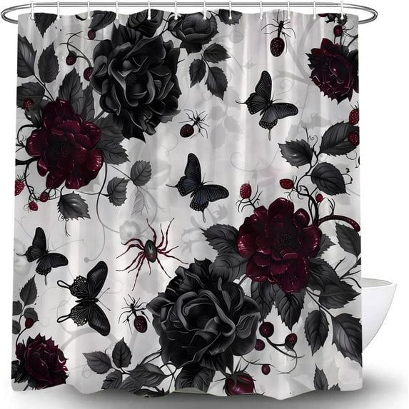 Gothic Shower Curtain Scary Red Black Dark Rose Floral Butterfly Halloween Vintage Boho Flowers Botanical Witchy Spooky Day Dead Fabric Bath Curtain with Hook