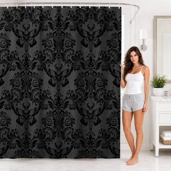 Gothic Shower Curtain with Skull and Damask Print, 71 Inch, for Bathroom Decoration