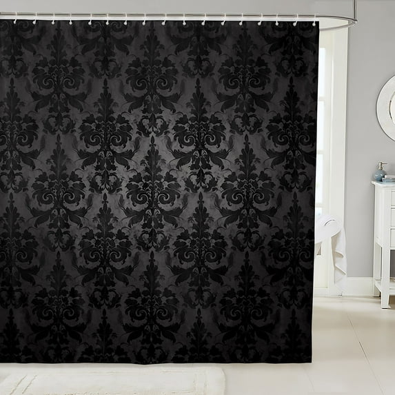 Gothic Shower Curtain Set Adults Black Damask Bath Curtain,Victorian Bathroom Accessories 72"Wx84"L Vintage Baroque Goth Antique Black Floral Bohemian Decor,Grey