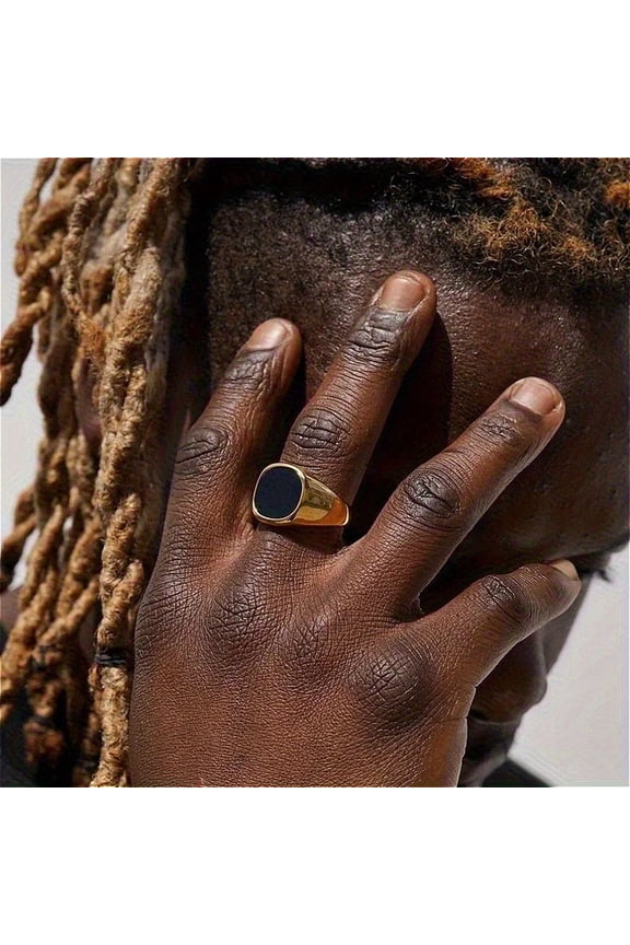 Gothic Signet Rings for Men, Punk Black Stone Pinky Ring,14K Yellow Gold Chunky Fraternal Jewelry