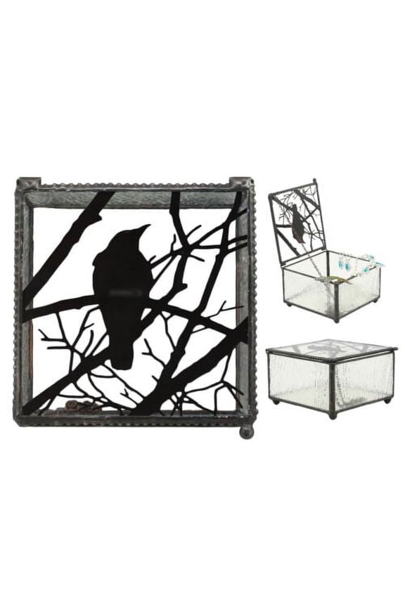 Gothic Silhouette Raven Glass Jewelry Box 4"W Haunted Crow On Tree Branch Box