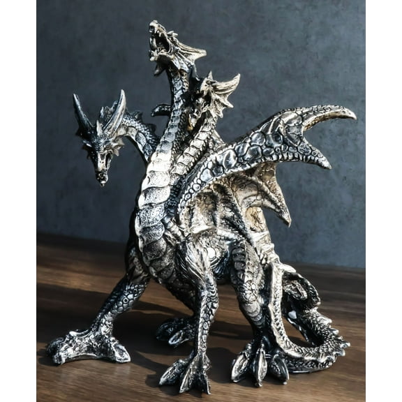 Gothic Silver Three Headed Dragon Hydra Roaring Statue 8" Tall Figurine Decor