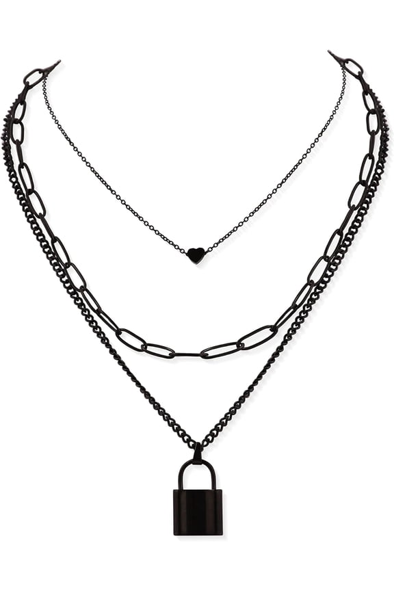 Gothic Silver-Tone, Black Layered Heart Lock Necklace, Emo Grunge Punk Necklace, Goth Jewelry, Halloween Christmas Jewelry Gift For Women