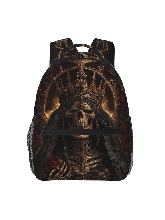 Gothic Skeletal Queen Royal Motif Backpack Casual College Bag Zipper Laptop Daypack Hiking Rucksack Travel
