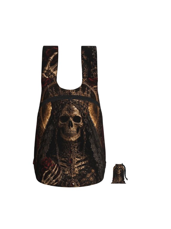 Gothic Skeletal Queen Royal Motif Foldable Storage Backpack Lightweight Packable Travel Daypack for Shopping Commuting Hiking
