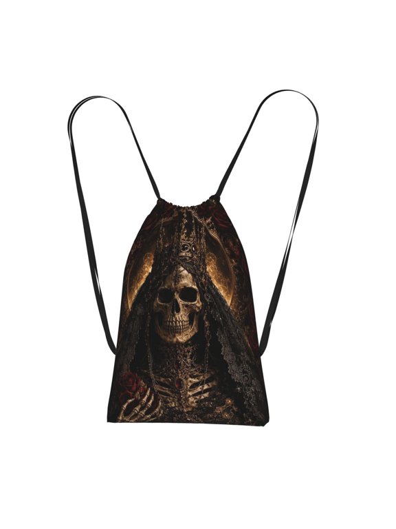 Gothic Skeletal Queen Royal Motif Packable Drawstring Backpack, Lightweight Foldable Cinch Storage Bag for Gym Travel Shopping