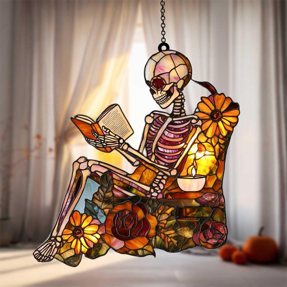 Gothic Skeleton ACRYLIC Suncatcher Reading with Coffee & Flowers Window Hanging for Spooky Cute Halloween Home Decoration