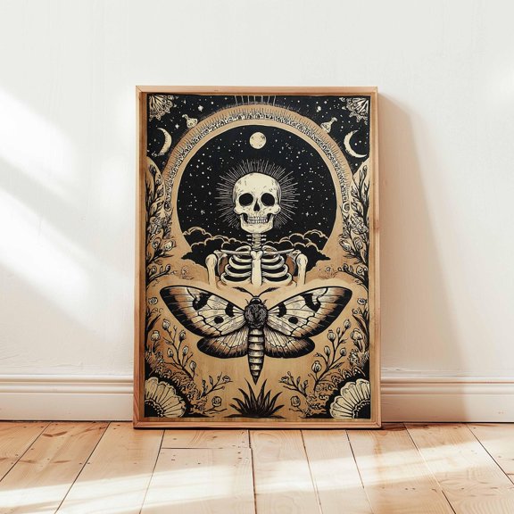 Gothic Skeleton Angel Moon Phase Occult Art, Unframed Poster