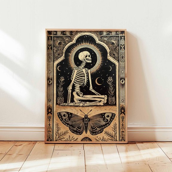 Gothic Skeleton Art Dark Angel Occult Moon Phase Decor, Unframed Poster