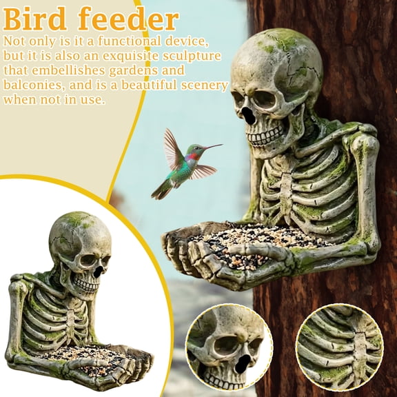 Gothic Skeleton Bird Feeder - Skull & Ribcage Decorative Bird Feeder with Seed Tray, Unique Spooky Garden Statue for Outdoor Patio Yard Art