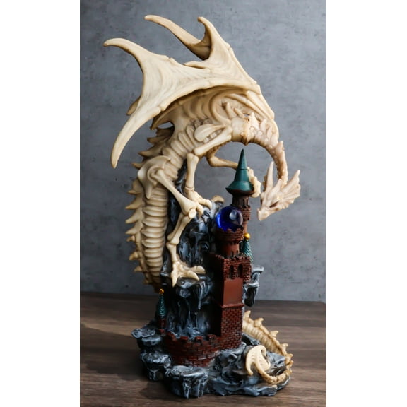 Gothic Skeleton Bone Dragon Perching On Rocky Mountain Castle Tower Figurine