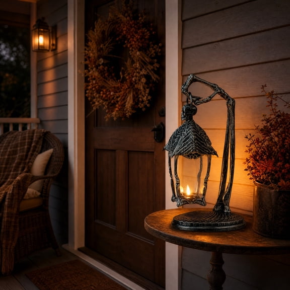 Gothic Skeleton Bones Table Lamp, Vintage Distressed Black Skull Web Candle Holder, Battery Operated LED Light for Mantel, Party, Home