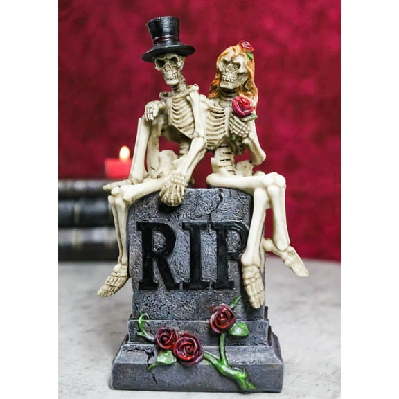 Gothic Skeleton Bridal Couple Sitting On Grave Tombstone With Red Roses Figurine