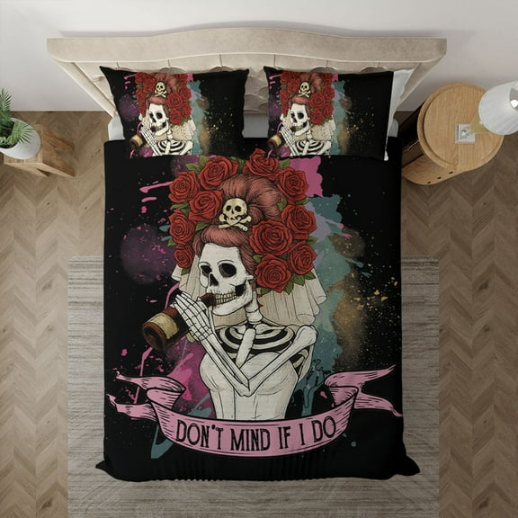 Gothic Skeleton Bride Bedding Set – “Don’t Mind If I Do” Skull Duvet Cover with Pillowcases, Dark Humor Bedroom Decor, Unique Halloween Bedding Gift for Adults