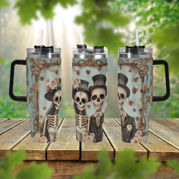 Gothic Skeleton Bride Groom 40oz Stainless Steel Tumbler With Handle Lid and Straw, Funny Valentine Drink Cup, Coffee Travel Tumbler Gift