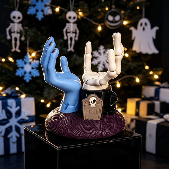 Gothic Skeleton Candle Holder, Spooky Stitched Hand Resin Figurine with Tombstone Desk Centerpiece for Halloween Christmas Decor for Boys & Family