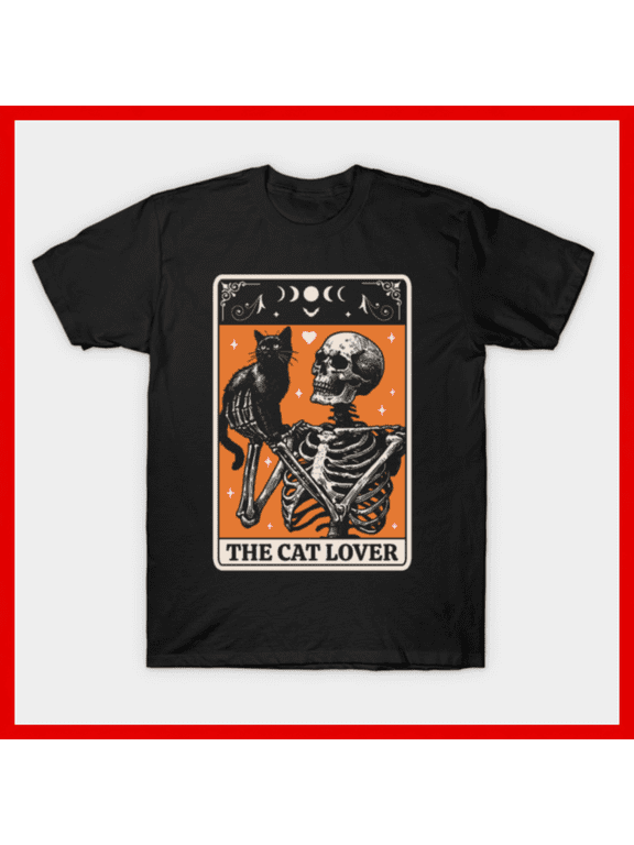 Gothic Skeleton Cat Lover Tarot Card T-Shirt Dark Aesthetic Occult Cat Mom Dad Gift H376, for Unisex, Up to Size 5XL