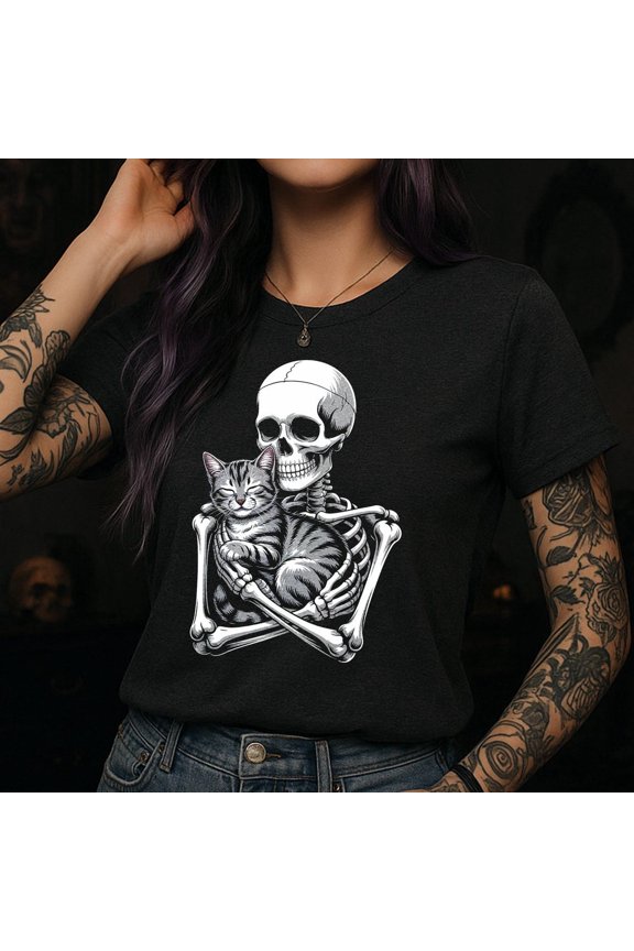 Gothic Skeleton Cat Tee Spooky Tabby Embrace - Dark Apparel