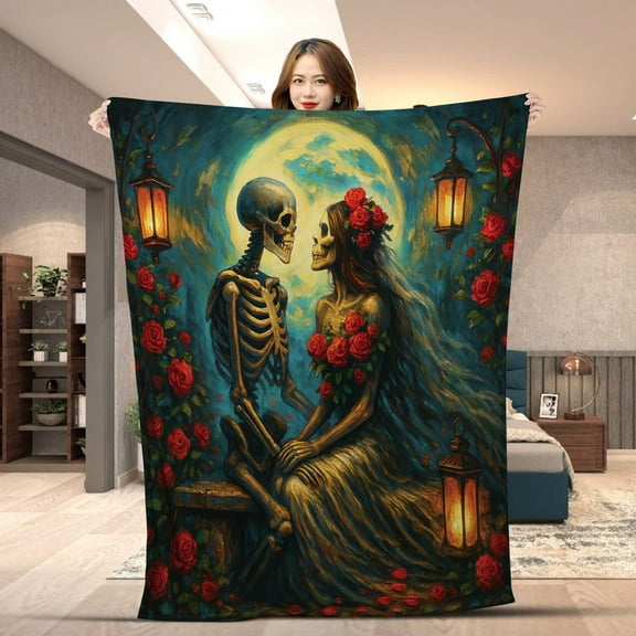 Gothic Skeleton Couple Blanket – Eternal Love Under The Moon Cozy Fleece & Sherpa – Romantic Skull Lovers Throw Blanket With Roses and Lanterns – Spooky Anniversary Gift for Him and Her