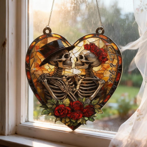 Gothic Skeleton Couple Heart Acrylic Suncatcher Custom Valentine Gift
