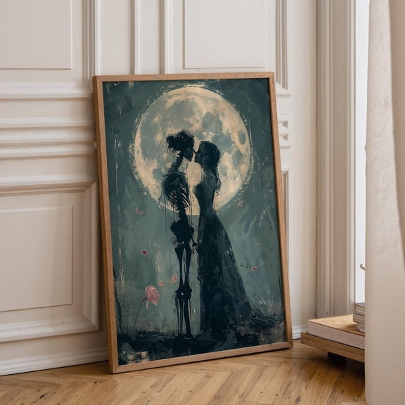 Gothic Skeleton Couple Moonlit Dark Romance Macabre Love Artwork Moody Gothic Bedroom Décor Alternative Anniversary, Unframed Poster