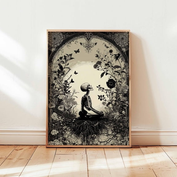Gothic Skeleton Dark Botanical Art Meditation Skull Macabre Nature Decor Occult Aesthetic Death, Unframed Canvas
