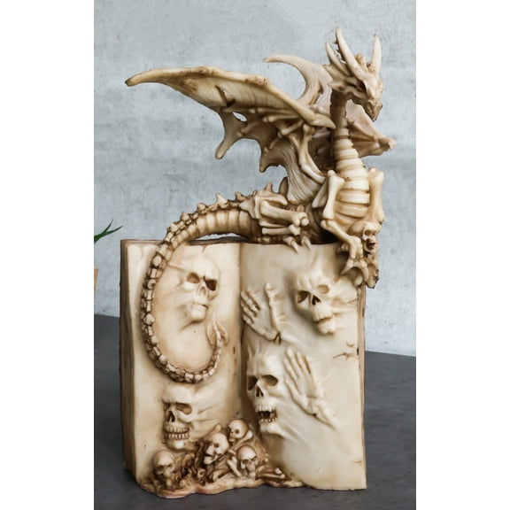 Gothic Skeleton Dragon On Spell Book Of The Dead Skulls And Bone Hands Figurine