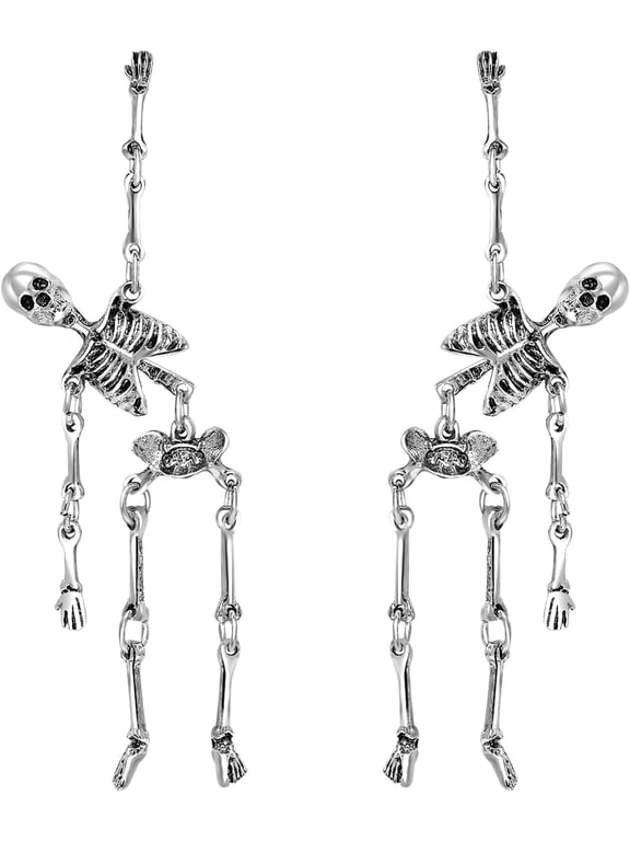 Gothic Skeleton Earrings for Women, Articulated Silver-Tone Skull Dangle Jewelry