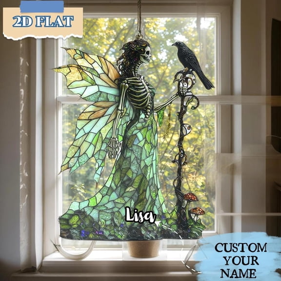 Gothic Skeleton Fairy Acrylic Suncatcher, Faux Stained Glass Window Hanging, Raven Witch Halloween Decor, Gift for Women size 6in