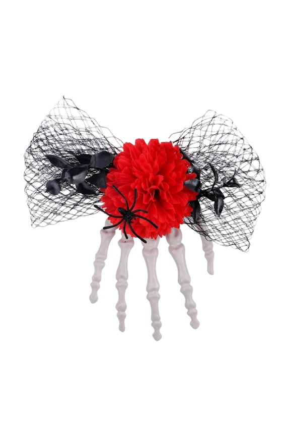 Gothic Skeleton Hand Flower Hair Clip,Halloween Mesh Bow Side Barrette,Firm Spring Grip for All-Day Wear,Masquerade Party or Everyday Goth Look