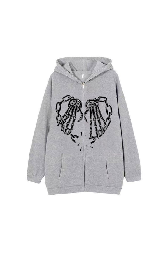 Gothic Skeleton Hand Heart Zip Up Hoodie for Men Women, Y2K Grunge Skull Chain Print Hooded Sweatshirt, Oversized Streetwear Zip Hoodie Jacket