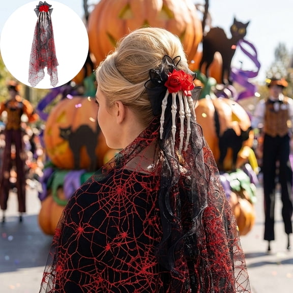 Gothic Skeleton Hand Rose Spider Web Tulle Hair Clip for Women,Long Black Red Mesh Veil Hair Barrette,Spooky Costume Accessory for Indoor Outdoor Halloween Decor Cosplay Party Day of the Dead Supplie