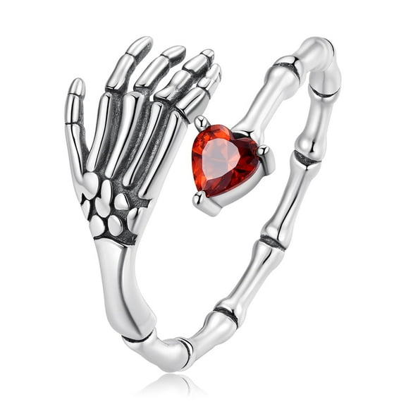 Gothic Skeleton Hand Sterling Silver Open Statement Rings for Women CZ Heart Wrap Finger Band Adjustable Halloween Rings