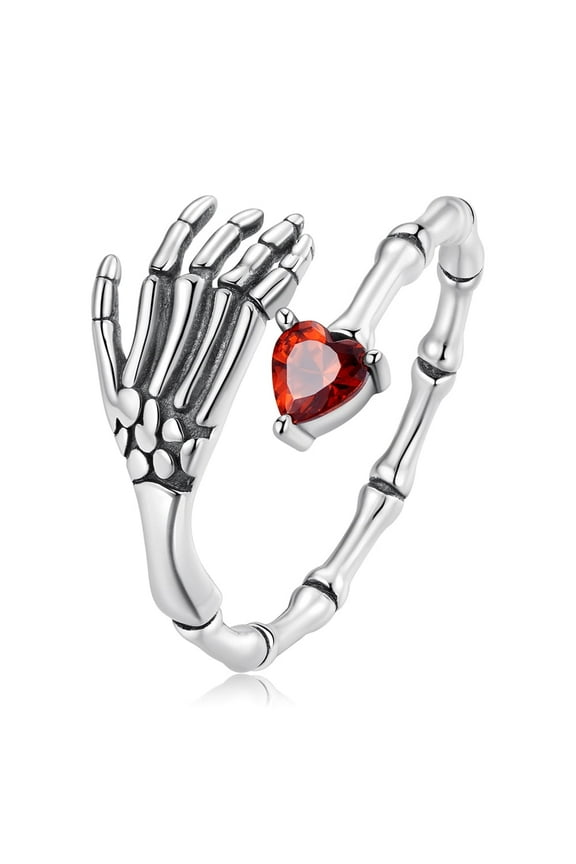 Gothic Skeleton Hand Sterling Silver Open Statement Rings for Women CZ Heart Wrap Finger Band Adjustable Halloween Rings