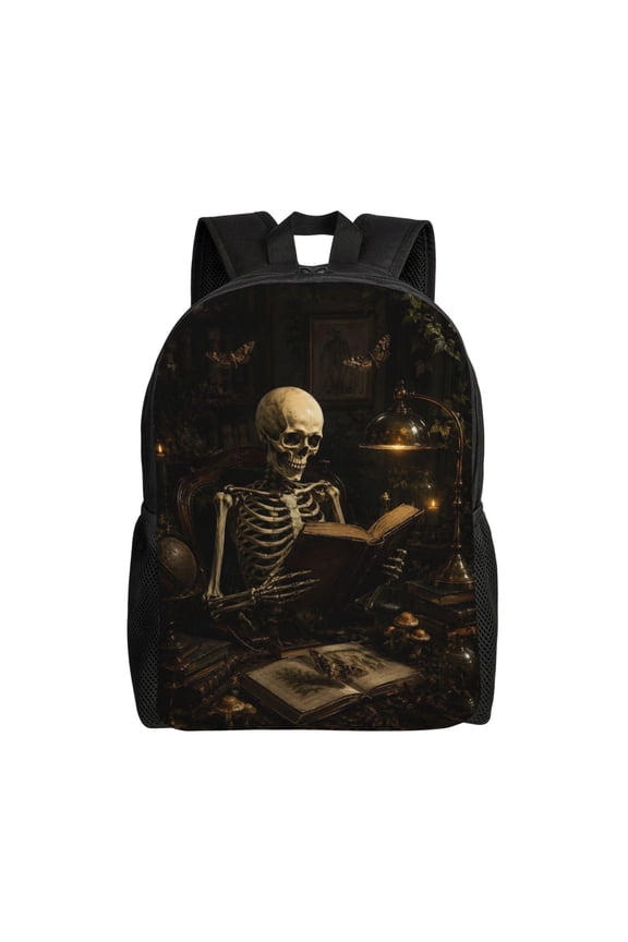 Gothic Skeleton Library Backpack Full Front Print Travel Laptop Bag for Men and Women