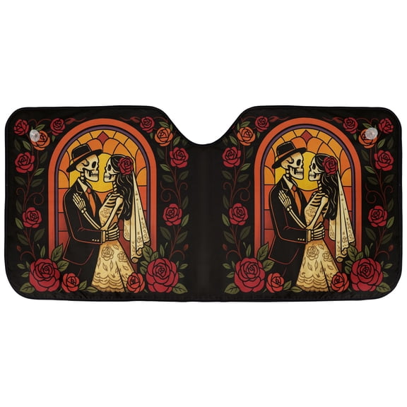 Gothic Skeleton Lovers Car Sunshade Romantic Skull Couple with Red Roses Stained Glass Design Windshield Sun Shade, Dark Gothic Auto Sun Visor Cover
