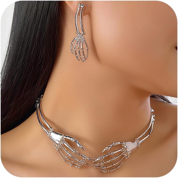 Gothic Skeleton Necklace Earrings Set for Women Halloween Skeleton Hand Skull Choker Earrings Set Punk Vintage Black Skeleton Statement Jewelry Halloween Goth Costume Party Accessories