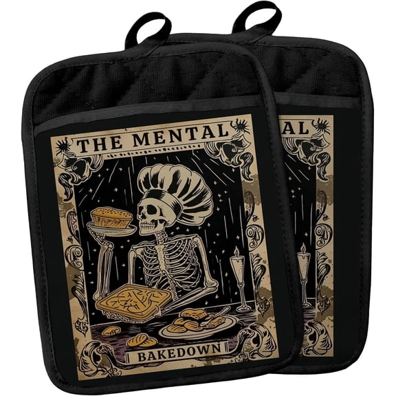 Gothic Skeleton Pot Holders with Pockets, Funny Baking Gifts Pot Holders Heat Resistant Oven Mitts Hot Pads for Kitchen Baking Cooking,Potholders for Kitchens