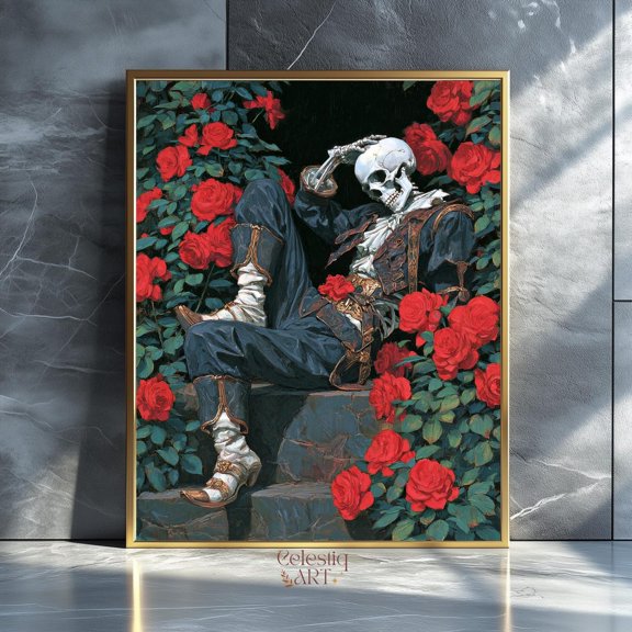 Gothic Skeleton Rose Wall Art Print