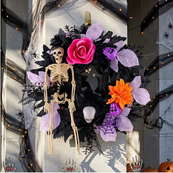 Gothic Skeleton Rose Wreath, Halloween Skull Door Decor with Black Glitter, Spooky Front Porch Window Ornament for Party, Vintage House, 22" Diameter