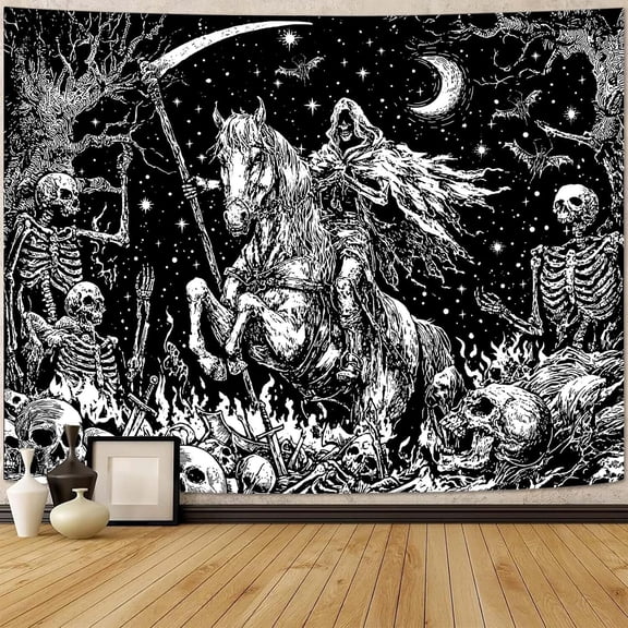 Gothic Skeleton Tapestry, Horror Moon Skull Grim Reaper Wall Art, Black and White 60 x 80 Inches for Bedroom and Grunge Room Decor