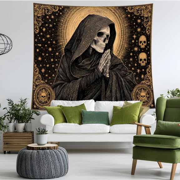 Gothic Skeleton Tapestry Wall Hanging, Praying Skull Celestial Wall Decor, Dark Fantasy Room Decor for Bedroom Dorm Game Room