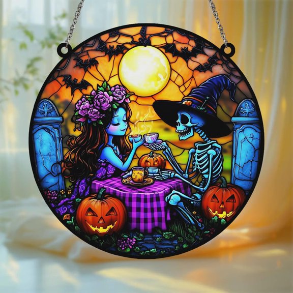 Gothic Skeleton Tea Party With Pumpkins Acrylic Faux Stained Glass Suncatcher Window Hanging Spooky Halloween Decor