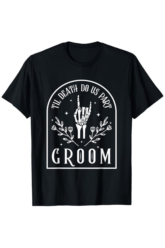Gothic Skeleton 'Till Death Do USB Part' Wedding T-Shirt - 100% Cotton, Short Sleeve, Black Graphic Tee for Groom & Bride, Ideal Gift for Couples, Parents, Friends, Sizes S-XXXL
