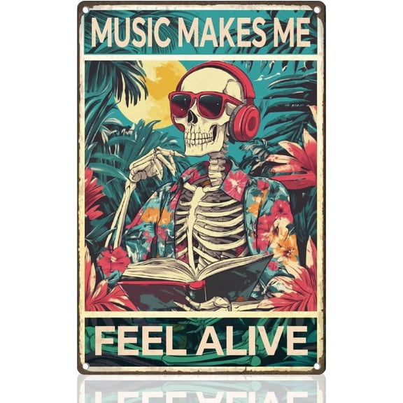 Gothic Skeleton Tin Sign Retro Metal Wall Decor 8" x 12" Music Makes Me Feel Alive Wall Art Poster for Home Coffee Cafes Bathroom Gallery Man Cave Office Clubs Decor Gift