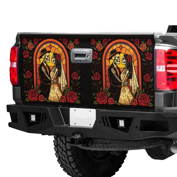 Gothic Skeleton Wedding Tailgate Wrap – Skull Bride & Groom with Red Roses Truck Tailgate Decal, Dark Romance Pickup Tailgate Graphic